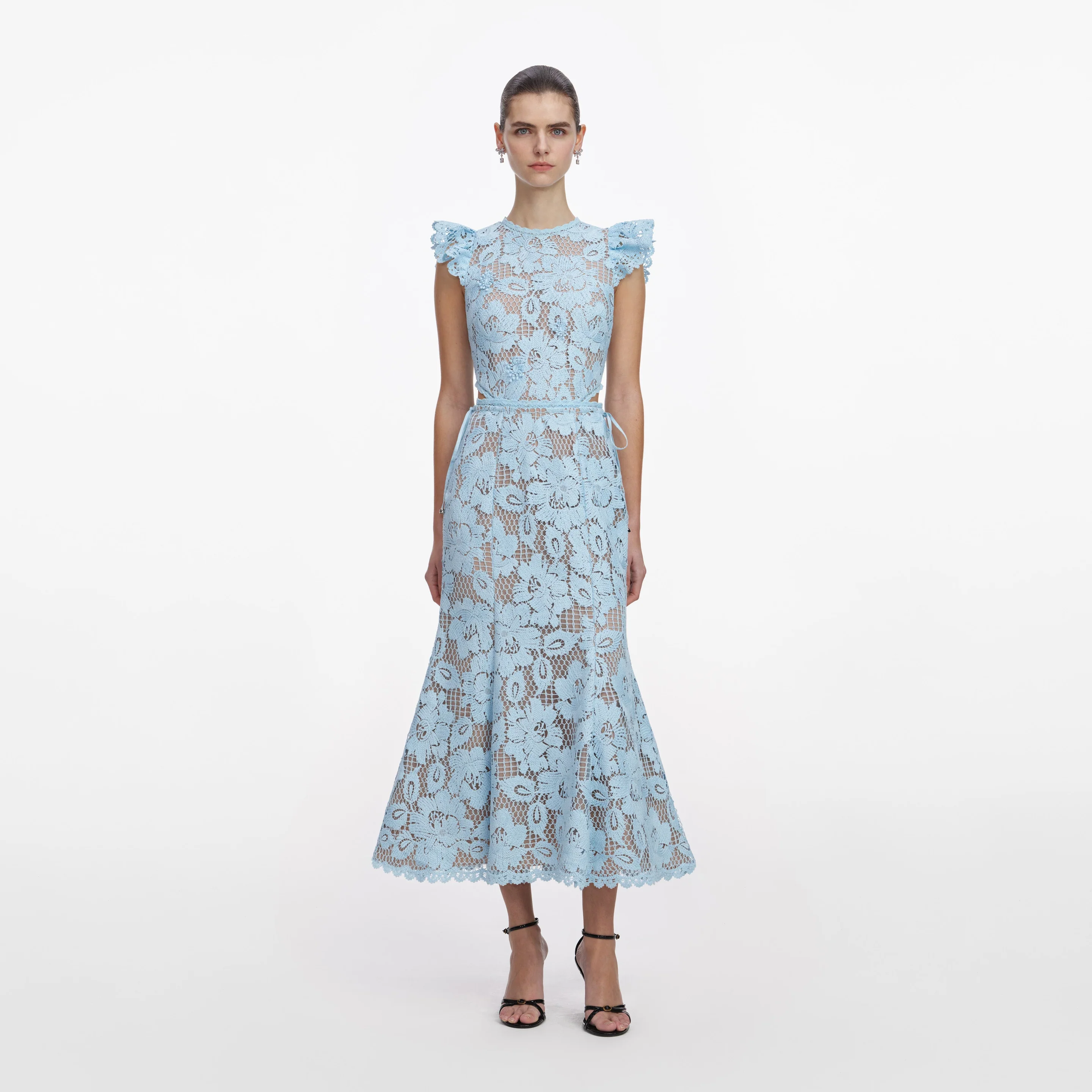 Blue crochet lace midi φόρεμα 