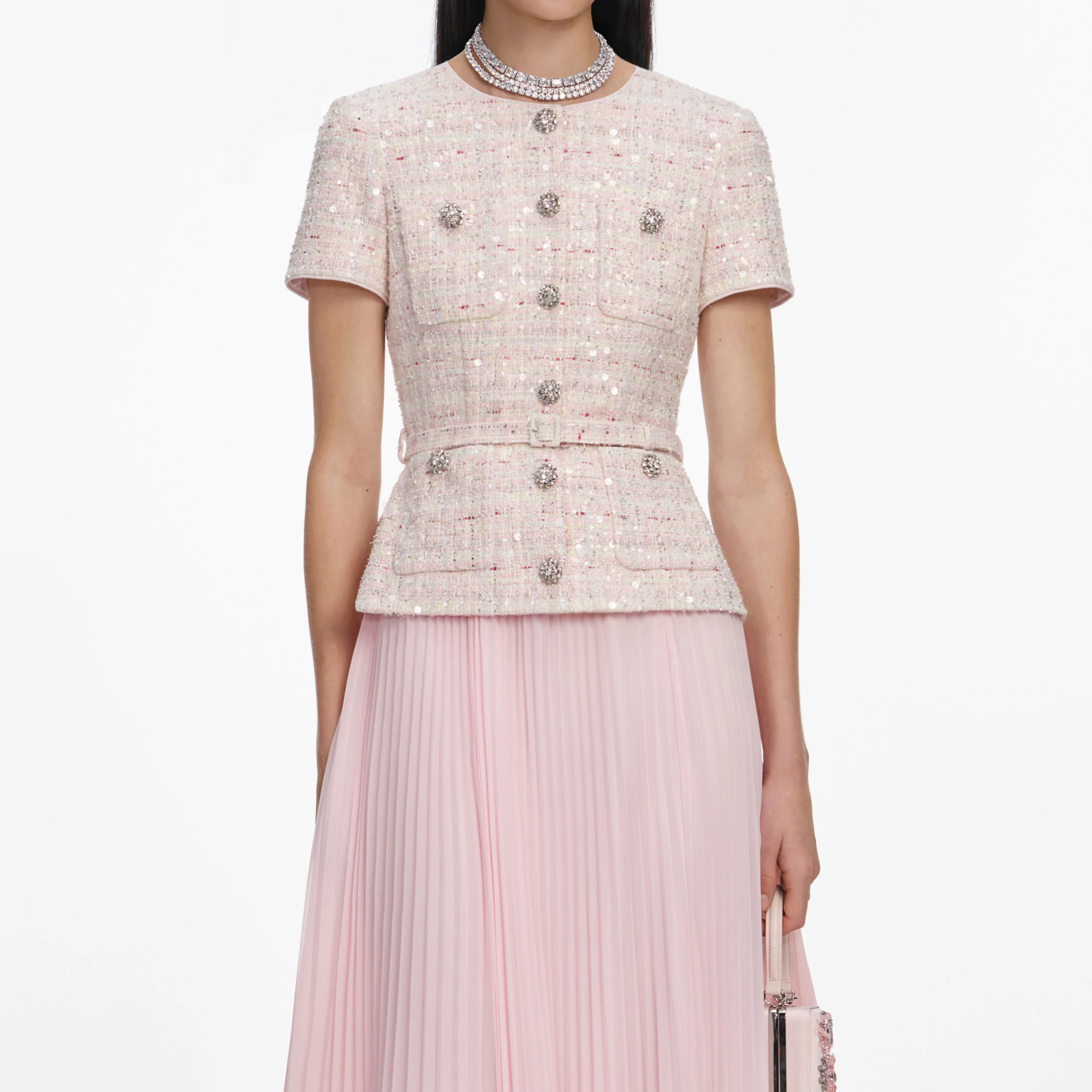 Pink sequin boucle tailored midi φόρεμα 