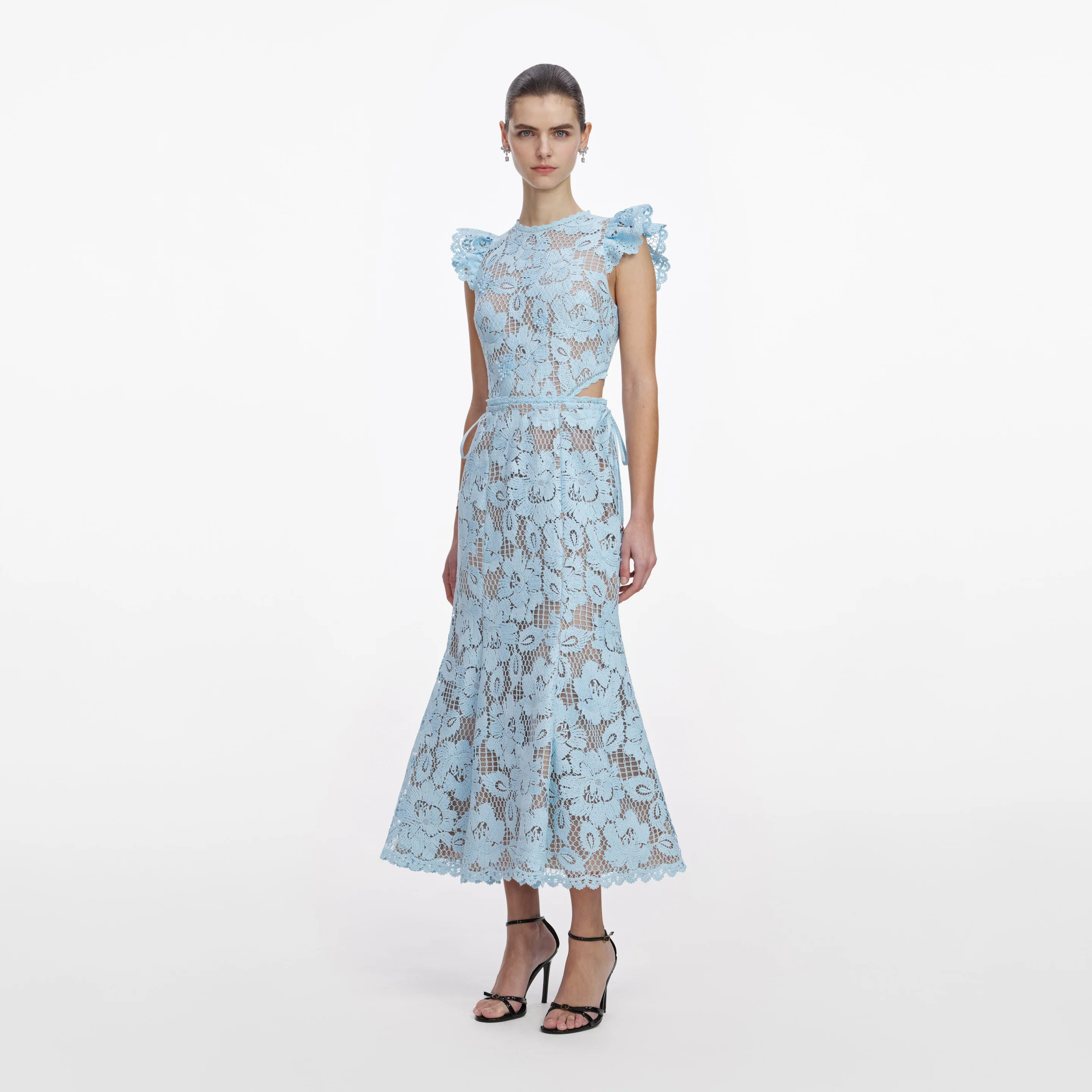 Blue crochet lace midi φόρεμα 