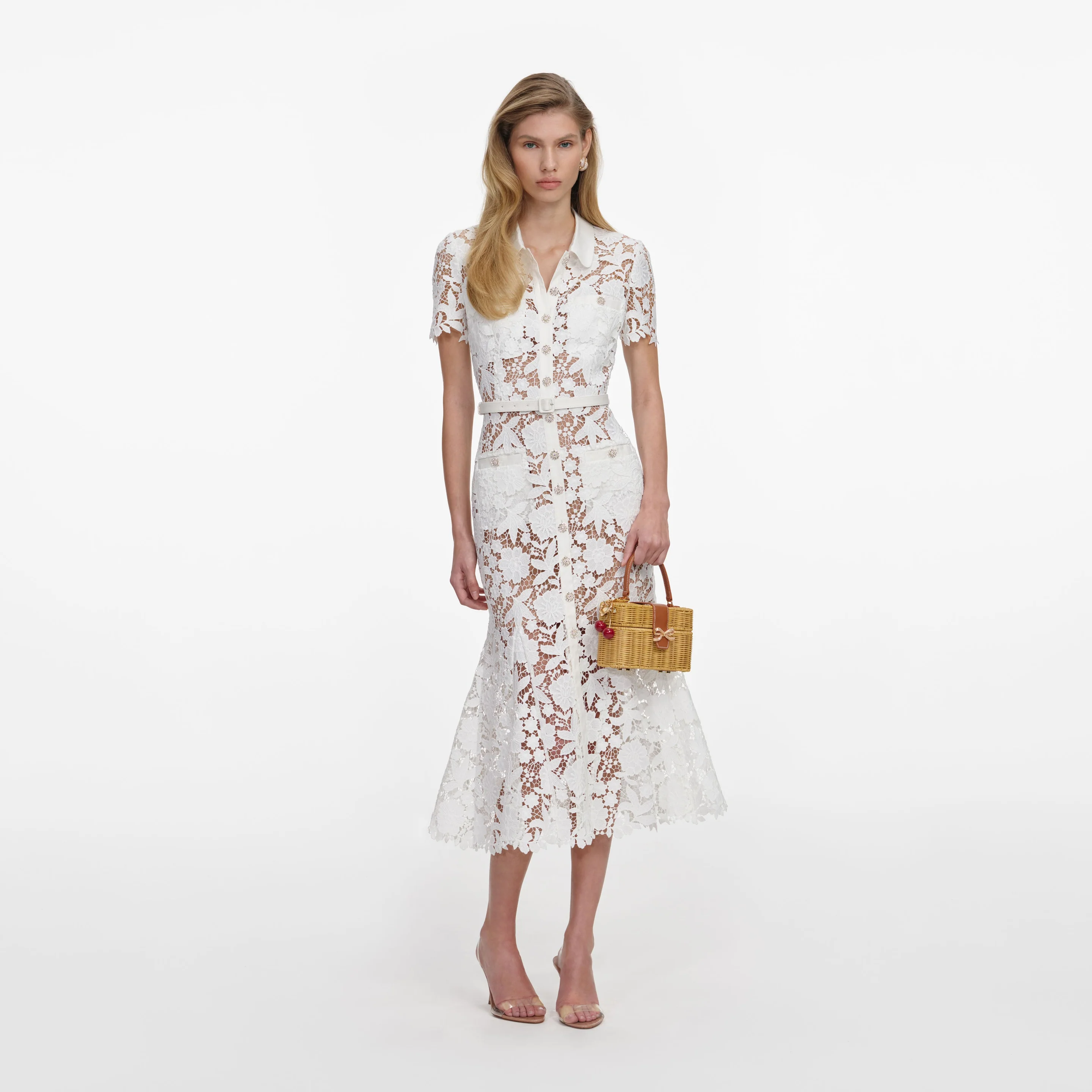White Lace Collared Midi φόρεμα 