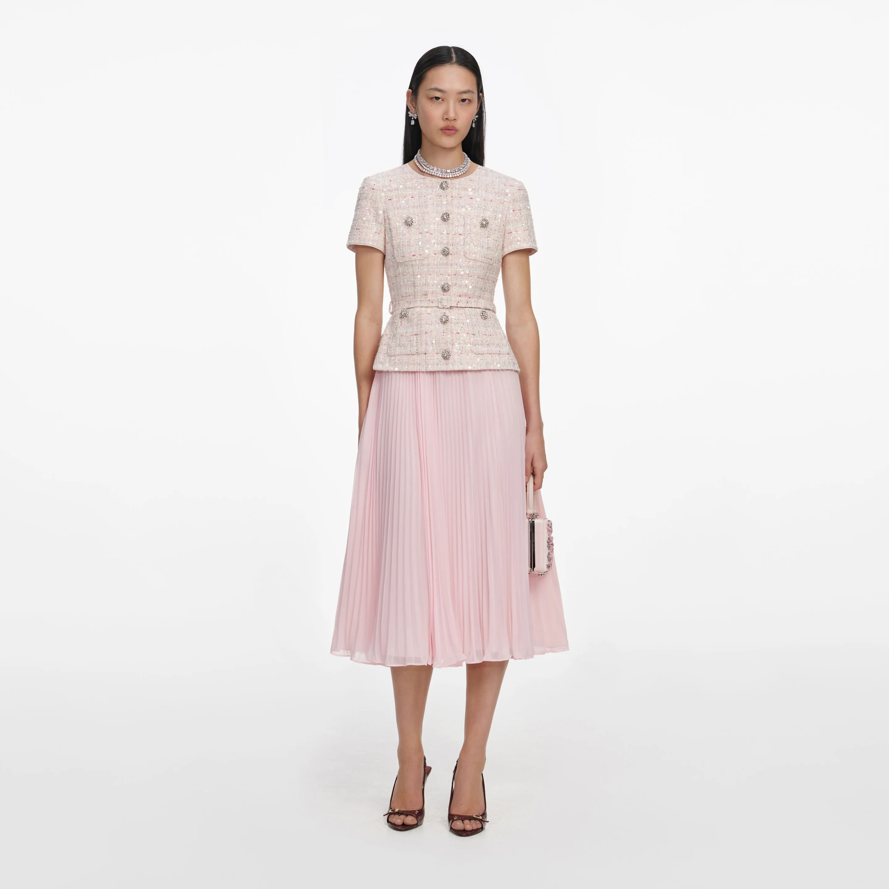Pink sequin boucle tailored midi φόρεμα 