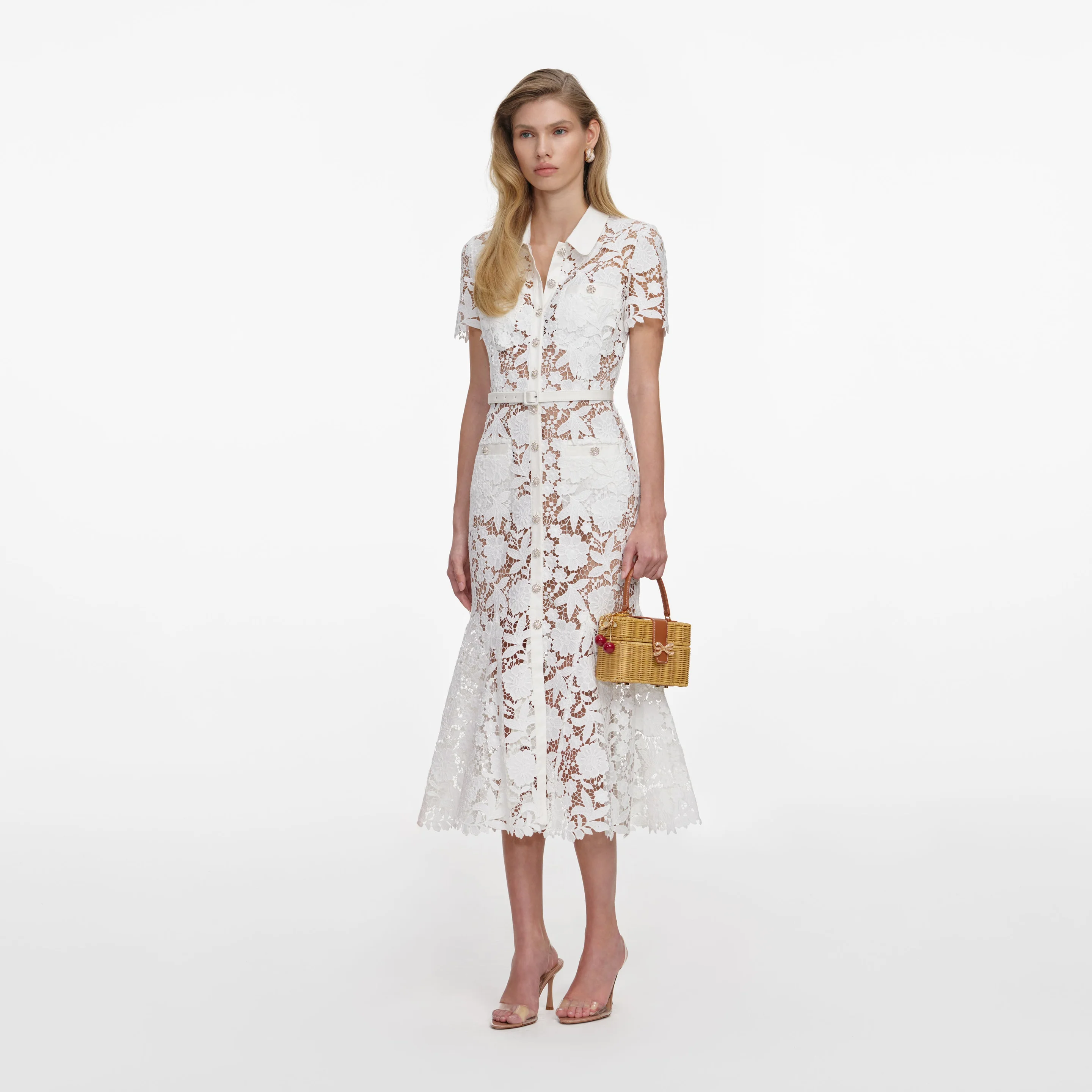 White Lace Collared Midi φόρεμα 