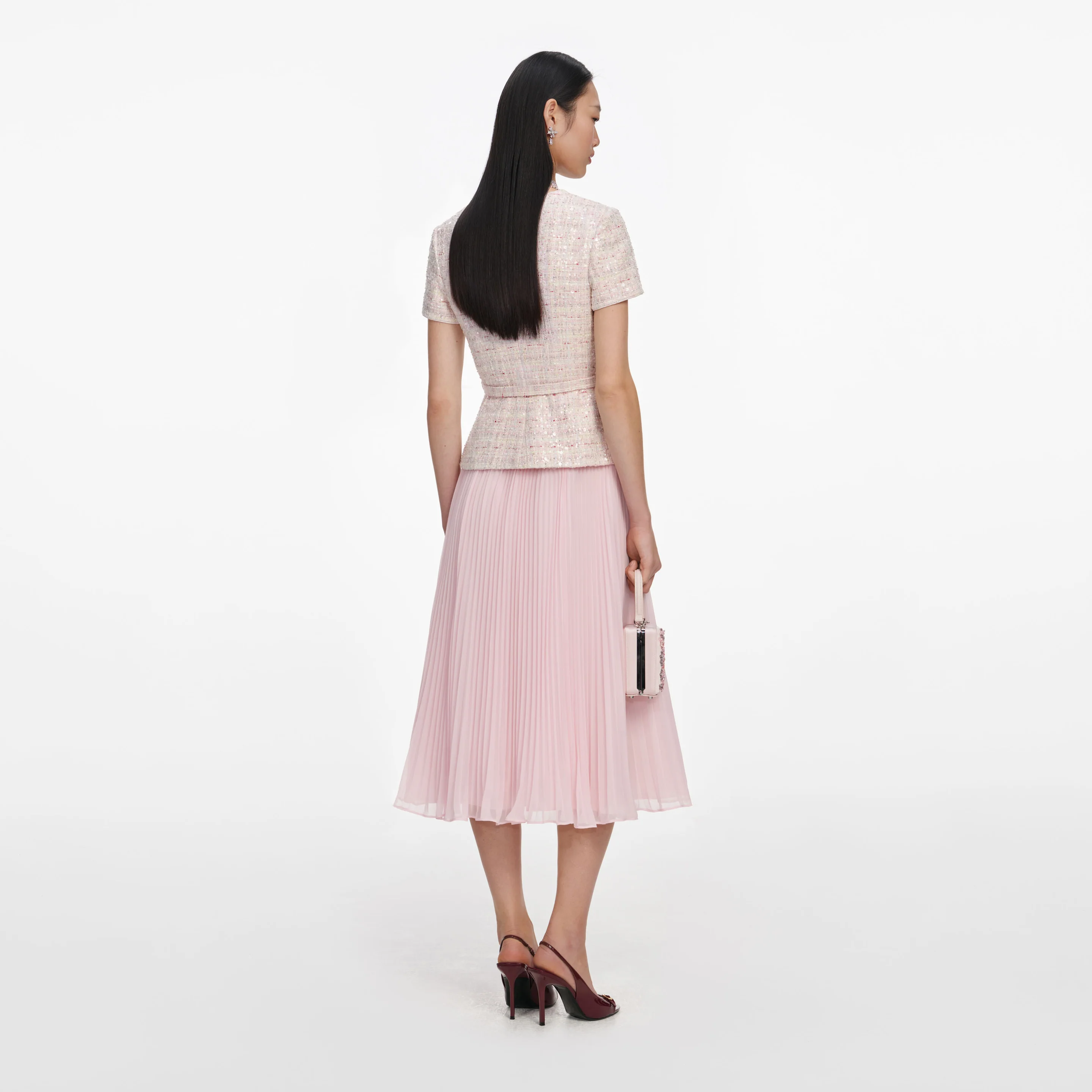 Pink sequin boucle tailored midi φόρεμα 