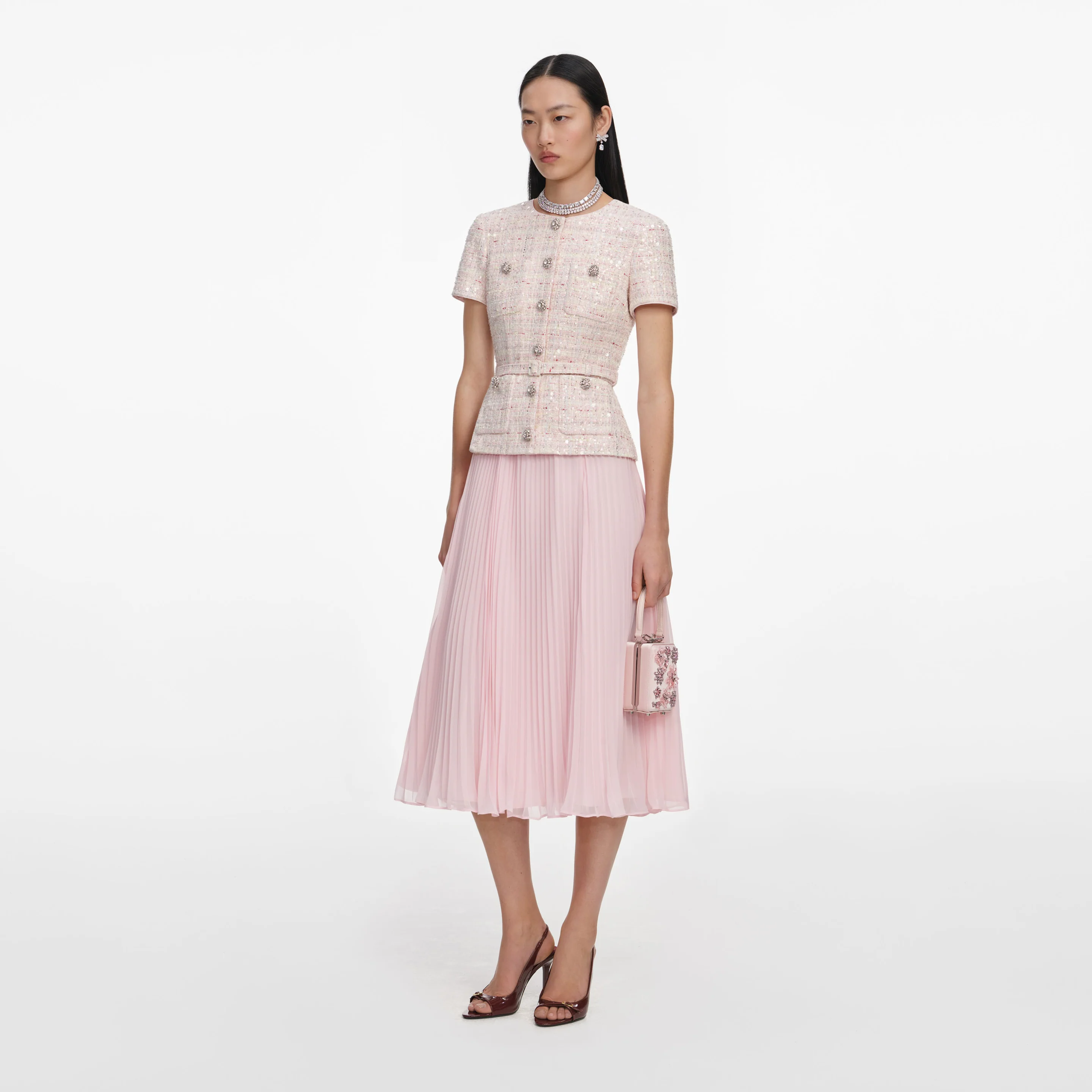 Pink sequin boucle tailored midi φόρεμα 
